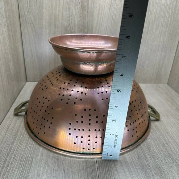 Vintage Solid Copper Colander Made in Korea w/ Brass Handles Wide Flare Patina - Picture 9 of 12